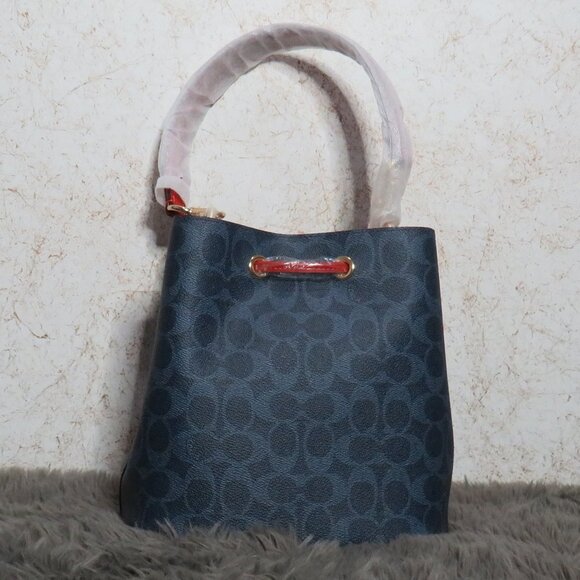 Coach Signature Rowan Drawstring Bucket Bag (Denim/Bold Red) - Picture 4 of 8